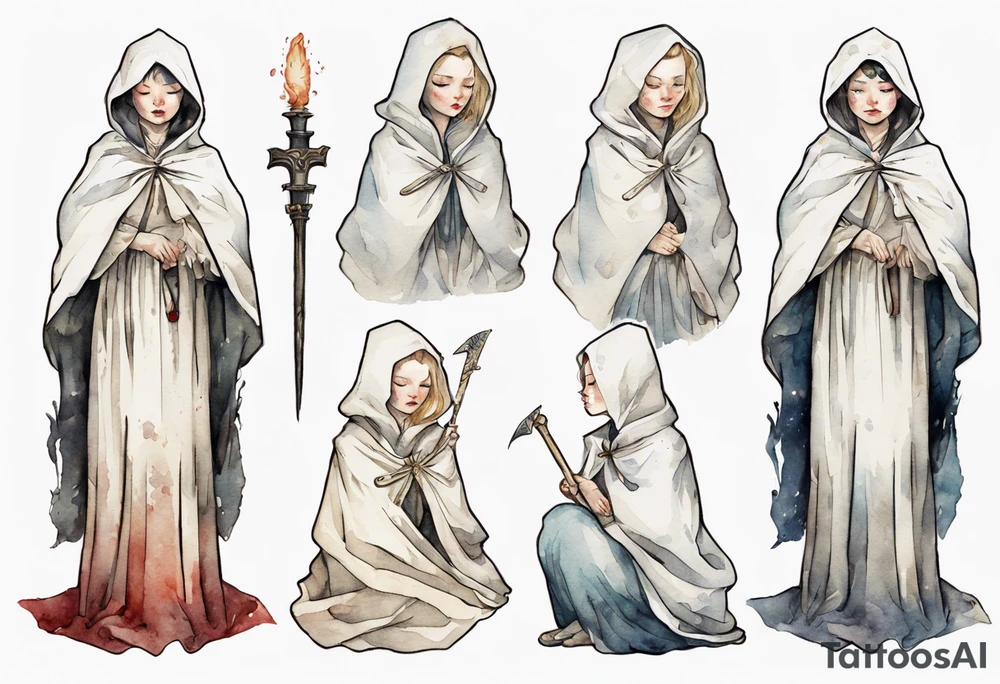 medieval Cate Blanchette dressed in white cloak, sad tattoo idea