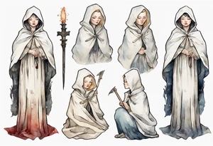 medieval Cate Blanchette dressed in white cloak, sad tattoo idea