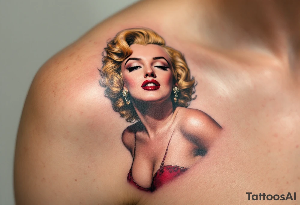 1950s movie poster-style tattoo with Marilyn in vibrant red dress and golden curls. tattoo idea