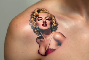 1950s movie poster-style tattoo with Marilyn in vibrant red dress and golden curls. tattoo idea