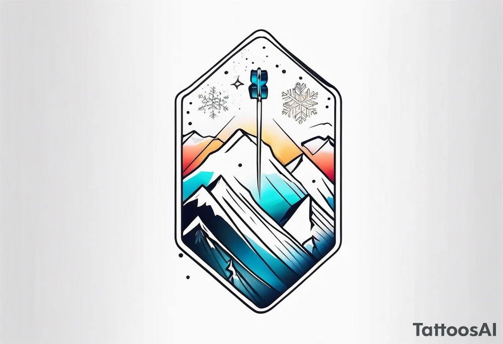 Small fine line tattoo with a vertical snowboard, with a snowflake and mountain line inside it tattoo idea