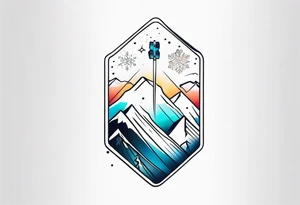 Small fine line tattoo with a vertical snowboard, with a snowflake and mountain line inside it tattoo idea