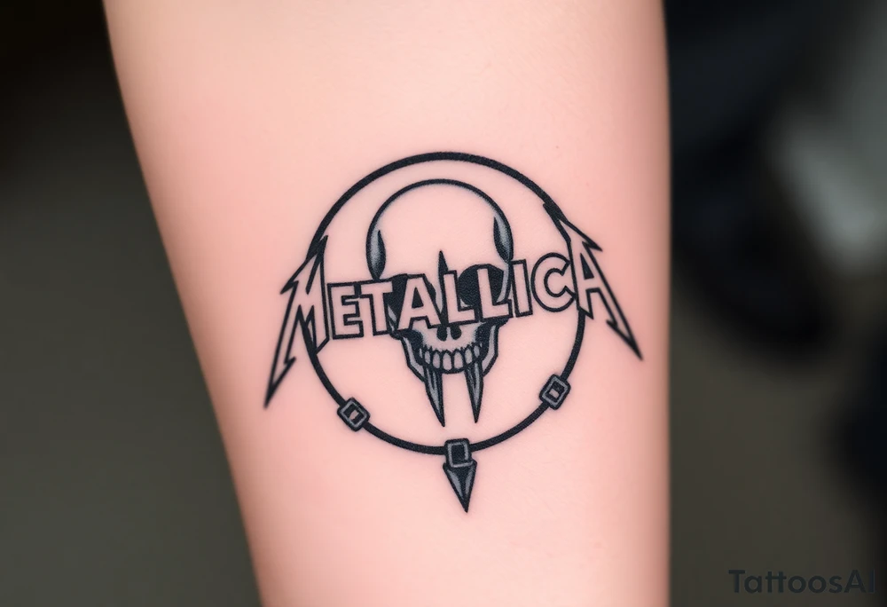 A heavy metal skull with chains hanging down, surrounded by circle with “Metallica” written in bold, fiery letters above it tattoo idea