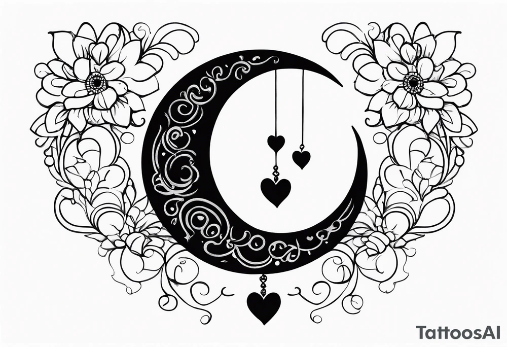 Crescent moon with a love heart inside it and 4 hearts dangling from it tattoo idea