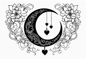 Crescent moon with a love heart inside it and 4 hearts dangling from it tattoo idea