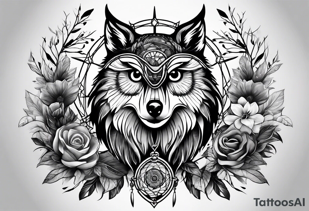 owl, wolf, beaver, and dream catcher tattoo idea