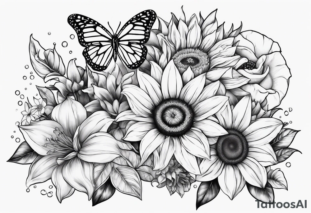 Small cluster containing sunflowers, lilies, diamonds and butterflies tattoo idea