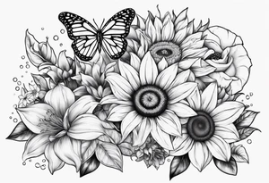 Small cluster containing sunflowers, lilies, diamonds and butterflies tattoo idea