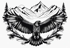 Full back tattoo ancient pine Forrest and giant black eagle tattoo idea