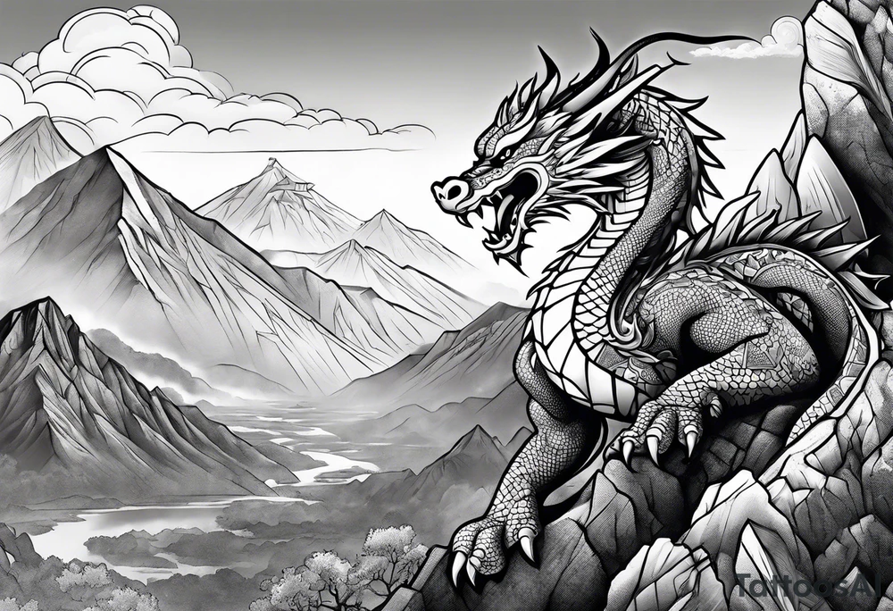 Aztec dragon climbing mountain tattoo idea