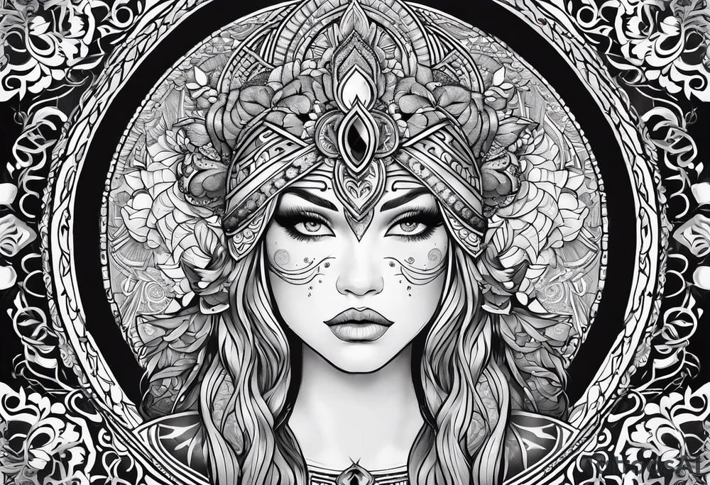 Viking, feminine warrior, mandala, bedroom eyes, headshot, closeup, full design, princess, round emblem, moon goddess tattoo idea