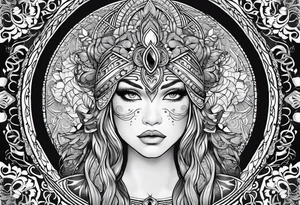 Viking, feminine warrior, mandala, bedroom eyes, headshot, closeup, full design, princess, round emblem, moon goddess tattoo idea