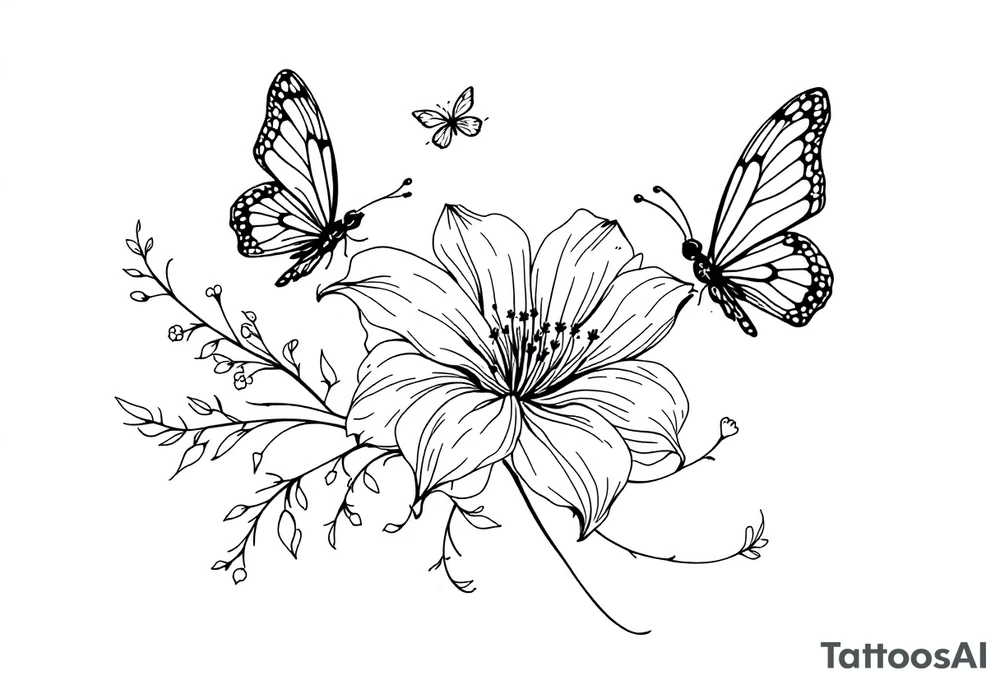A delicate and highly detailed tattoo design featuring elegant flowers and two butterflies, symbolizing family, love, and the bond between a mother and her children. The flowers, such as lilies or peonies, represent protection, beauty, and unconditional love. Two butterflies gracefully flying around the flowers symbolize the children, Zackary and Charlie, representing their growth and freedom. Their names should be subtly integrated into the design, either along the stems of the flowers, within the butterfly wings, or in an elegant script flowing naturally with the composition. tattoo idea