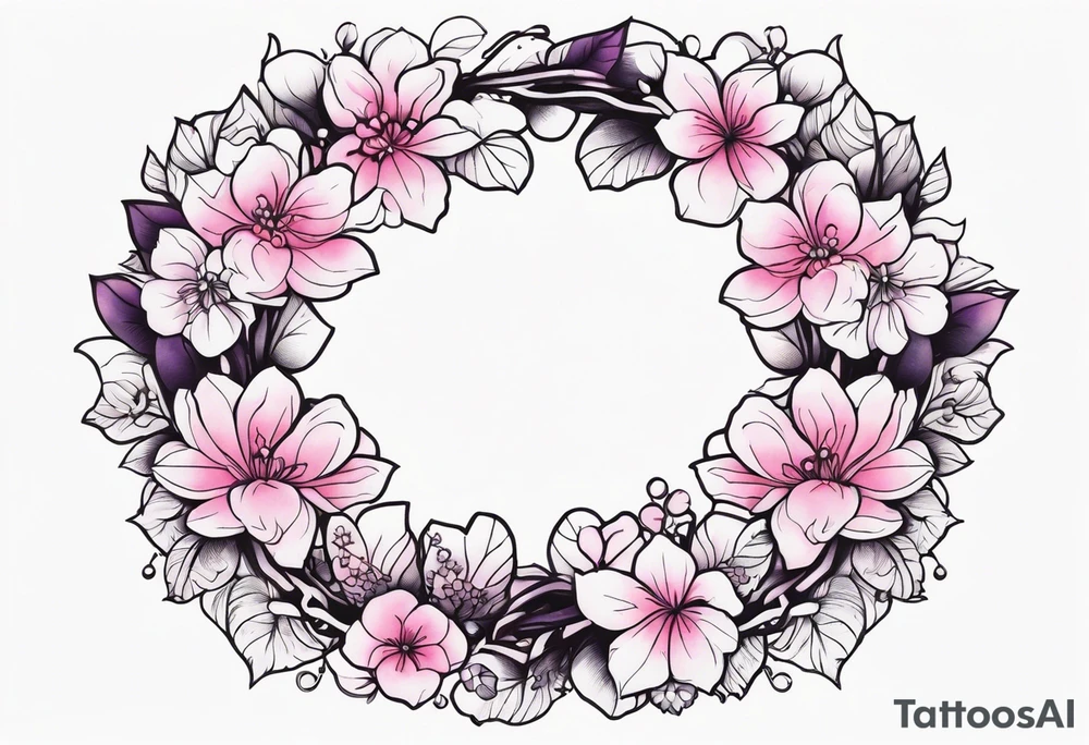 Flower wreath cherry blossoms pinks and purples tattoo idea Flower wreath cherry blossoms pinks and purples tattoo idea