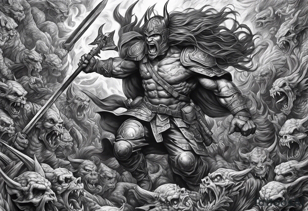 A soldier battling demons in hell tattoo idea