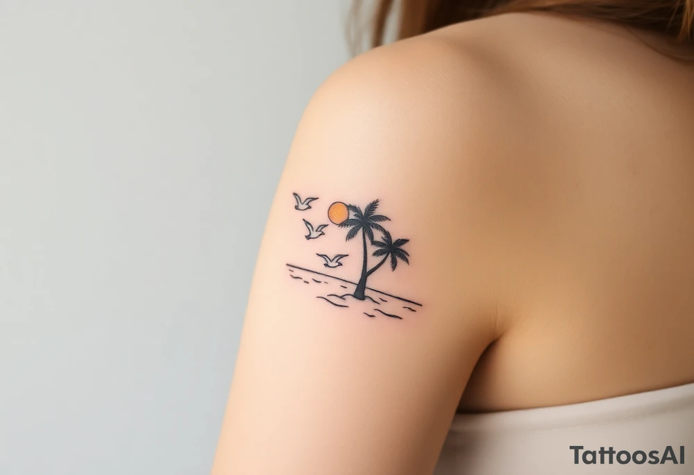 happy, peaceful, serene, timeless, ocean, sand, palm tree, seagulls, sun tattoo idea
