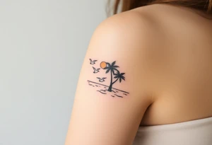 happy, peaceful, serene, timeless, ocean, sand, palm tree, seagulls, sun tattoo idea