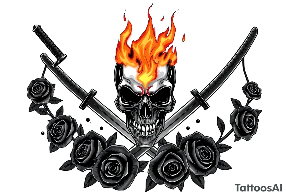 A skull burning intensely, katanas crossed, surrounded by falling dark roses. tattoo idea