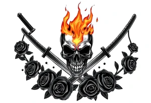 A skull burning intensely, katanas crossed, surrounded by falling dark roses. tattoo idea