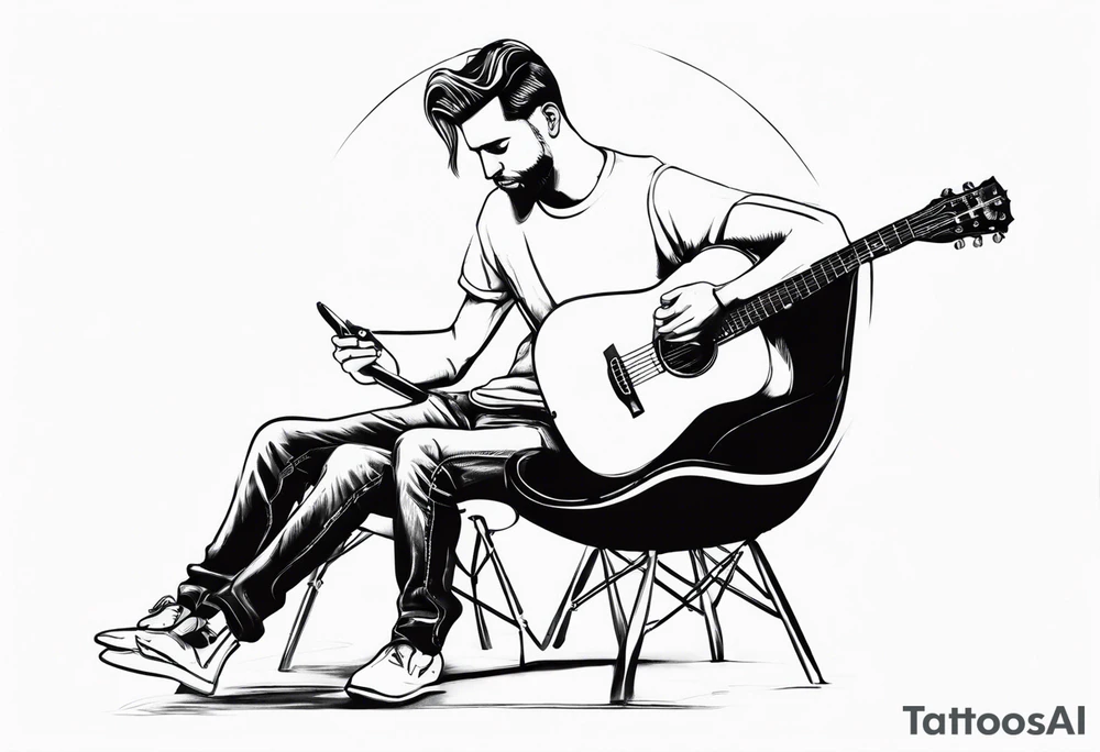 man on chair playing guitar tattoo idea