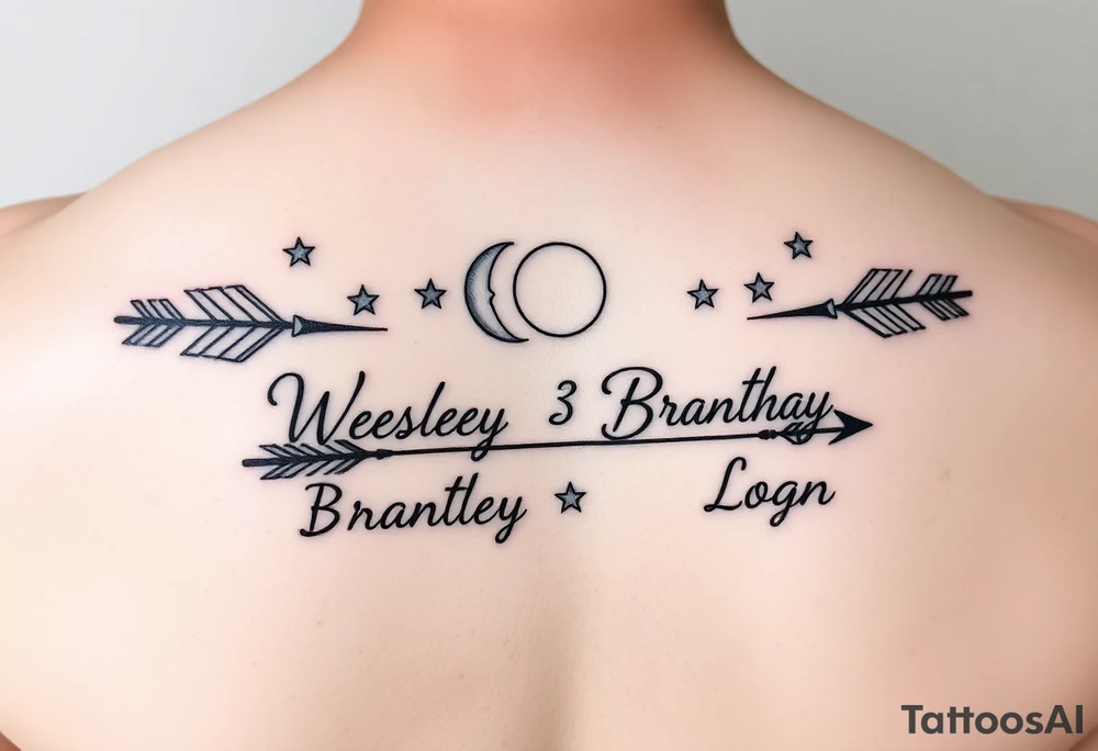 Mom 3 sons name tattoo Wesley Brantley Logan with arrows and moons and stars tattoo idea