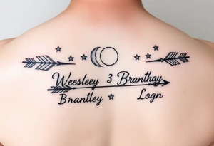 Mom 3 sons name tattoo Wesley Brantley Logan with arrows and moons and stars tattoo idea