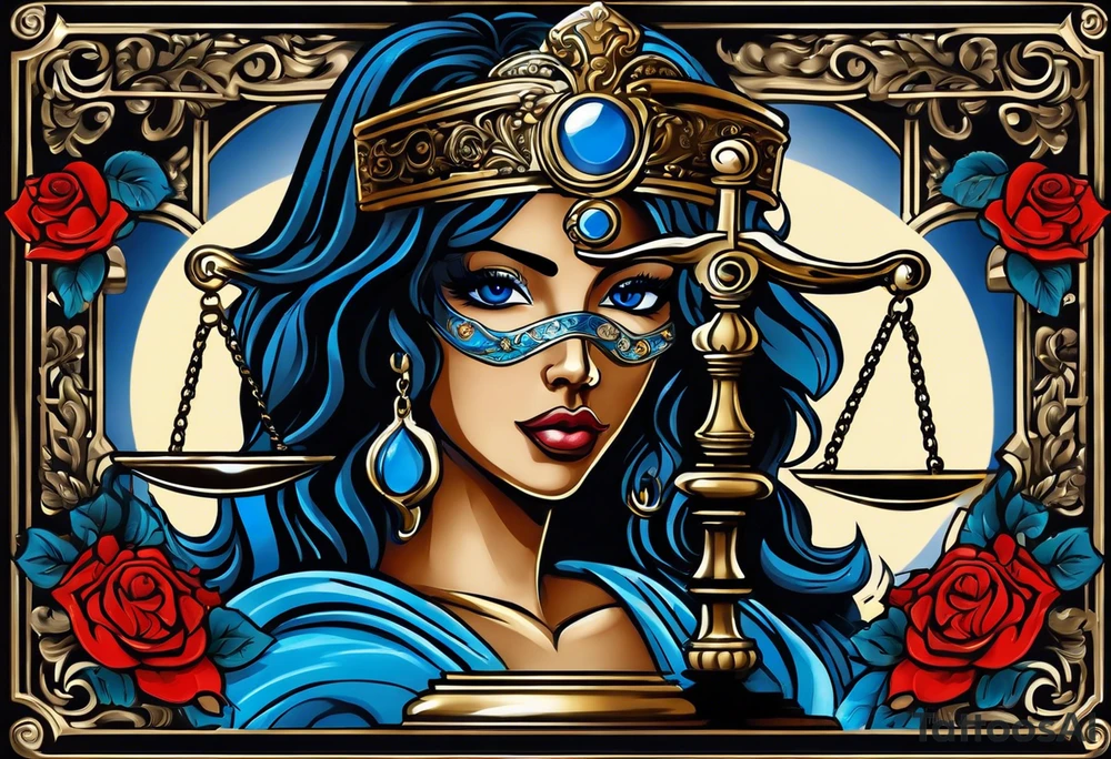 Lady Justice, 
Blindfold:
Scales: 
 Lady Justice is shown with black hair, which is a unique artistic choice compared to the more traditional representations. The scales, blindfold, and sword are all present, adhering to the classic iconography but with a modern and colorful twist. blue roses frames, background blue,present it in a tattoo tattoo idea