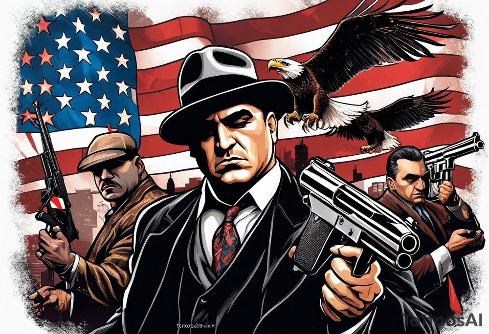 capone style gangsters battling with machine guns against a dark flame background with an angry eagle swooping in with american flag and sexy women tattoo idea