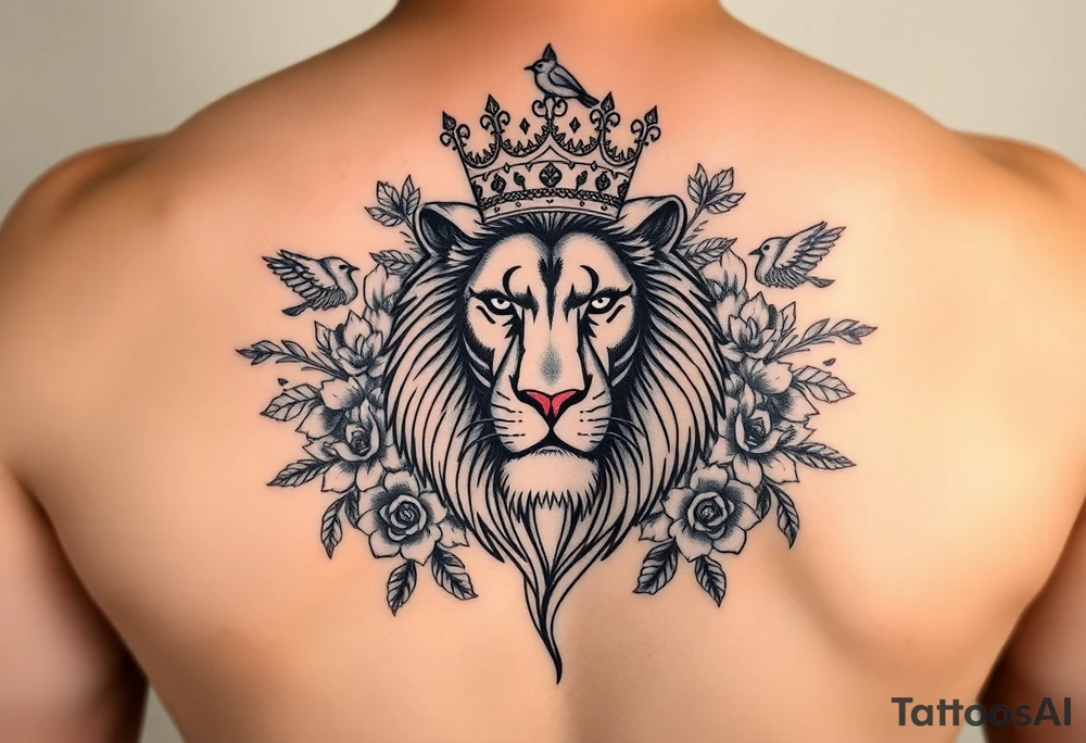 powerful majestic lion with a crown, surrounded by floral ornaments and birds tattoo idea