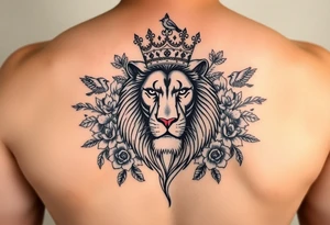 powerful majestic lion with a crown, surrounded by floral ornaments and birds tattoo idea