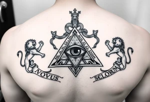 Pyramid with eye in the center, diamond with snake on the top,lions on corners,surrounded by words - novus ordum seclorum tattoo idea