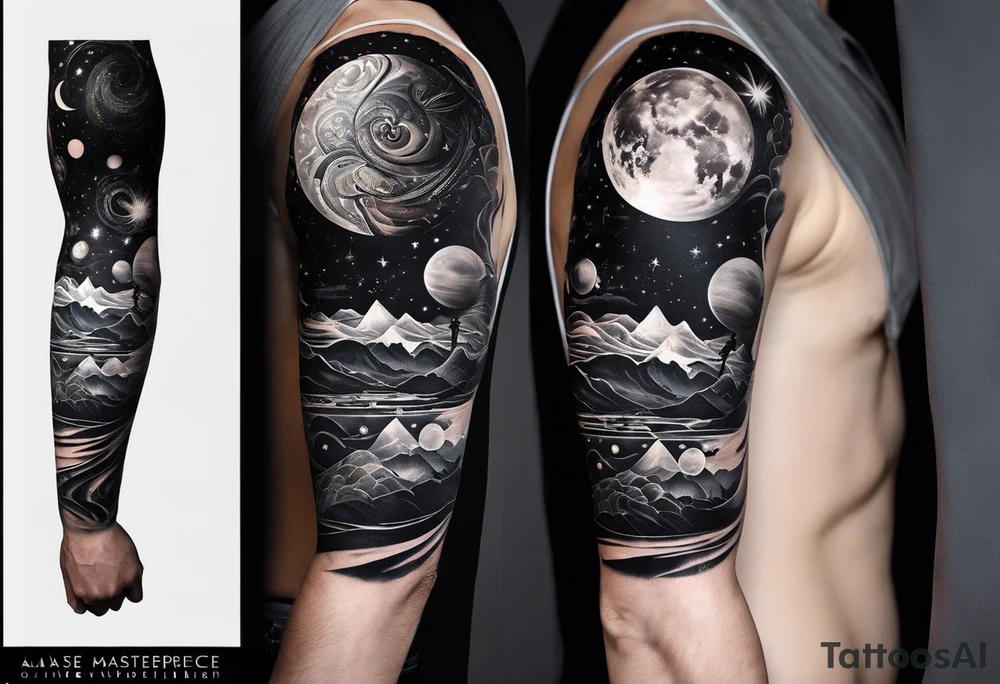 I have multiple tattos but i am getting a sleeve done on my arm.
I want the sleeve to be only about time space continuum, purpose, desire and ambition linked to it. I want the concept to me about how miniscual we are in this universe but how we feel big and lose perspective and a sense of purpose. I also want Shiva to be added to the tattoo as shiva is considered the destroyer which scientifically goes back to big bang. SO create a tattoo for me in geometric design for my whole right arm tattoo idea