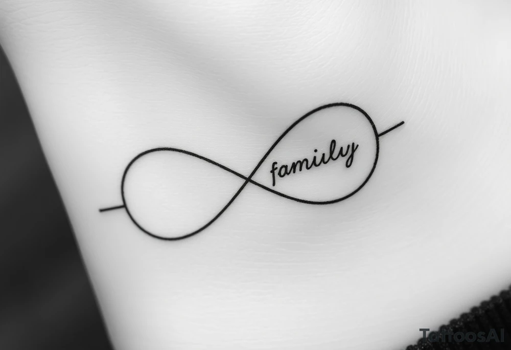 A minimalist infinity symbol composed of thin, intersecting lines, with the word "family" subtly incorporated along the curve in a contemporary font tattoo idea