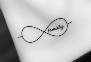 A minimalist infinity symbol composed of thin, intersecting lines, with the word "family" subtly incorporated along the curve in a contemporary font tattoo idea