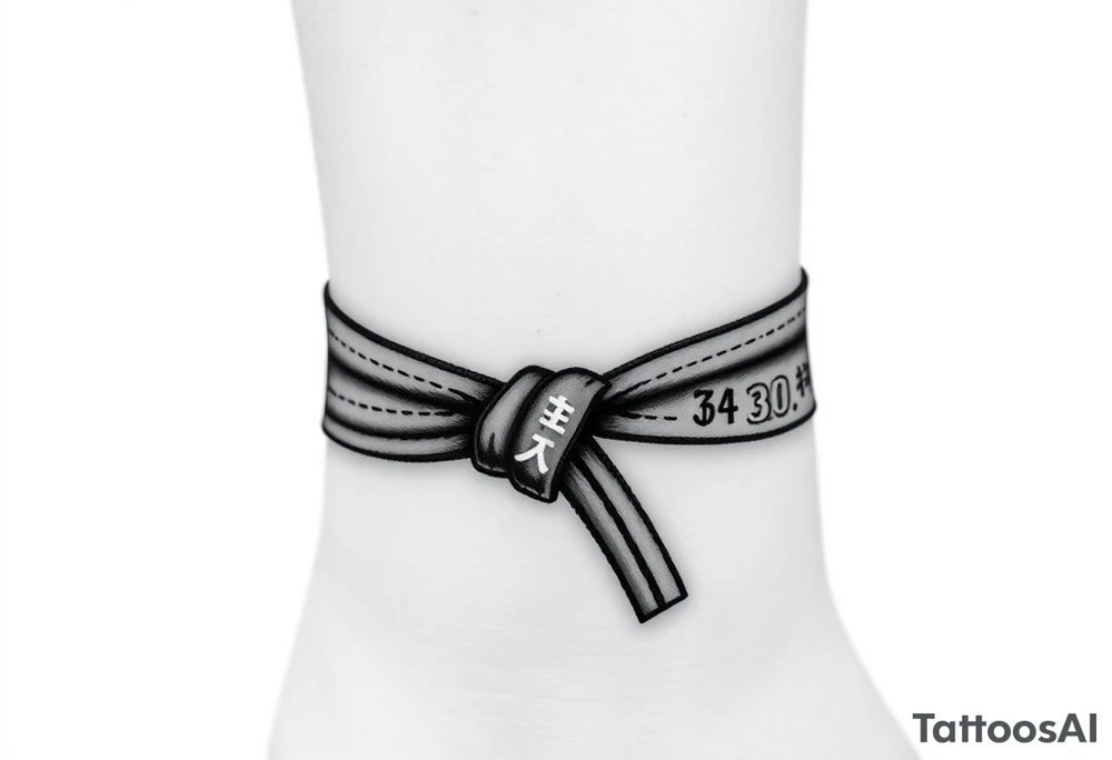 A realistic black and gray tattoo of a Brazilian Jiu-Jitsu black belt wrapping around the wrist like a bracelet. The belt is tied in a knot with one end showing the number 30 and the other showing 24. On the flat end of the belt, two Japanese kanji characters are inked in white: 成長 (growth) and 忍耐 (perseverance). The belt has subtle stitch marks and worn, textured shading for a slightly distressed, authentic look. The style is clean, symbolic, and bold, designed to wrap naturally around the wrist like a wristband.” tattoo idea