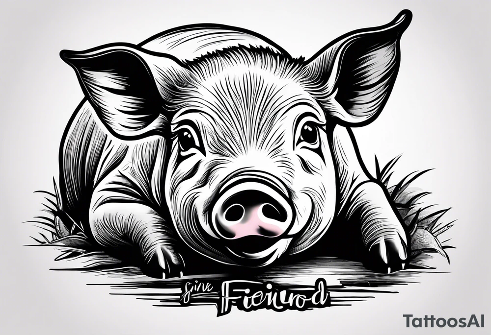 simple drawing of piglet or pig with text: "Friends. Not Food" included.
draw with very thin lines and no shading tattoo idea