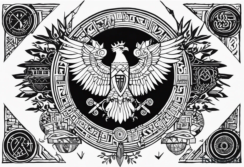 Polish eagle surrounded by viking runes sitting on the tree of life, scattered random geometric shapes and ancient artifacts, include Bruce Springsteens simply the best song tattoo idea