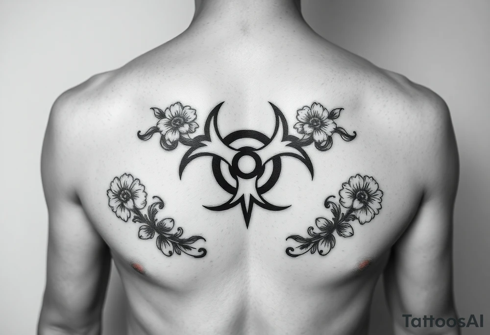 floral biohazard symbol in old school style black ink.
tattoo placed on stomach tattoo idea