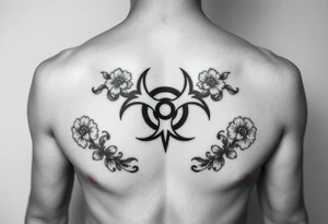 floral biohazard symbol in old school style black ink.
tattoo placed on stomach tattoo idea