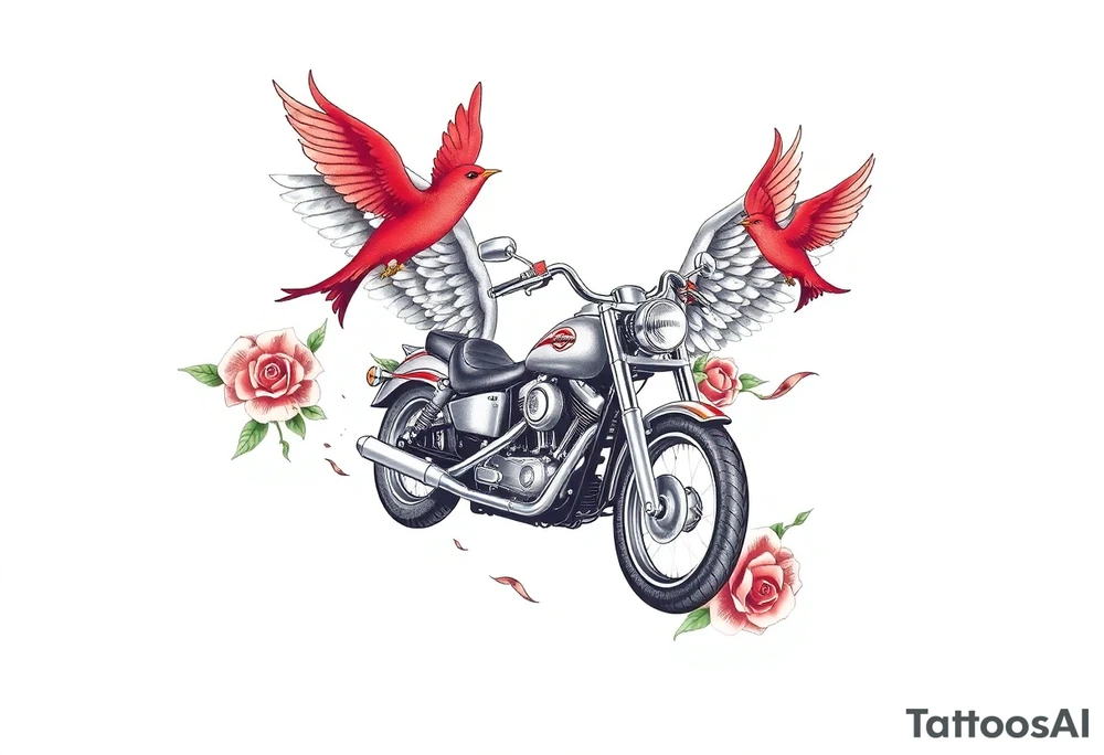 Harley grey motorcycle driving away, two red birds flying, roses, flames, angel wings tattoo idea