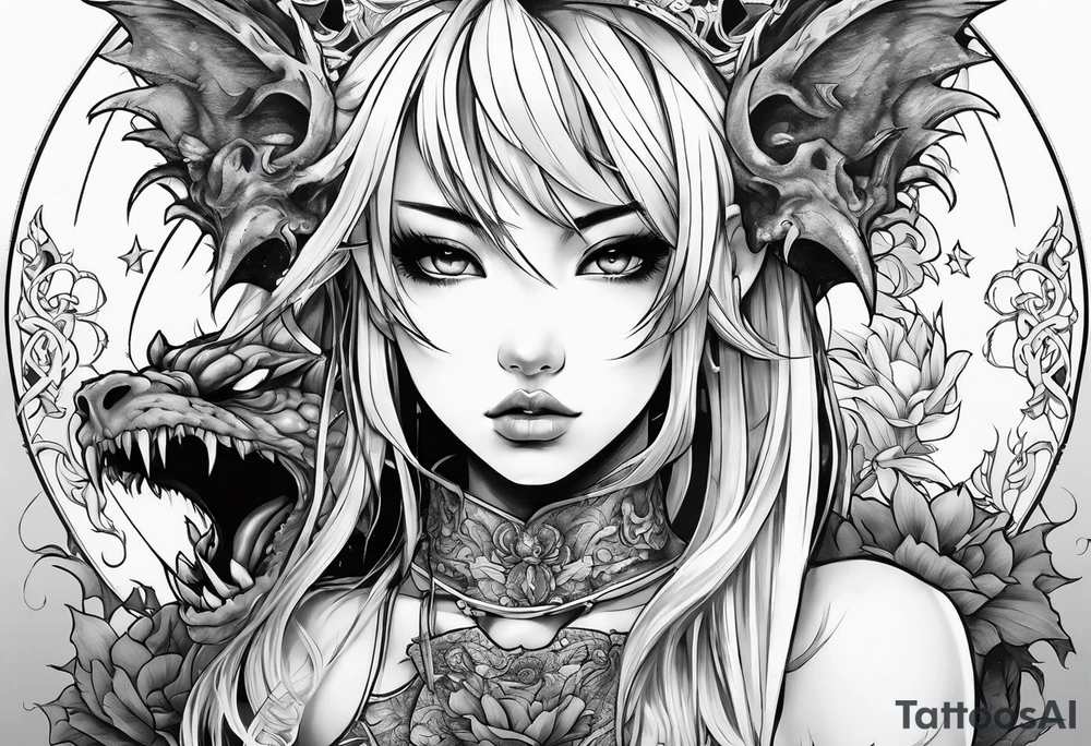 a bleeding anime girl surrounded by an asian gargoyle tattoo idea