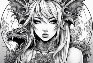 a bleeding anime girl surrounded by an asian gargoyle tattoo idea