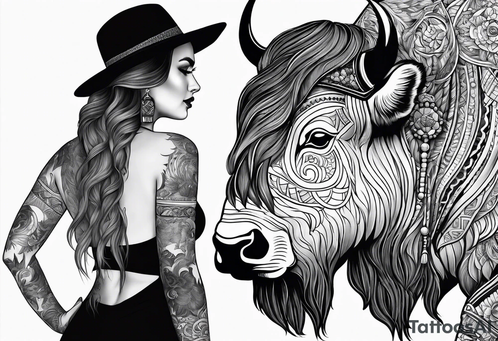 buffalo standing next to a woman show the whole body tattoo idea