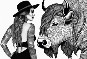 buffalo standing next to a woman show the whole body tattoo idea