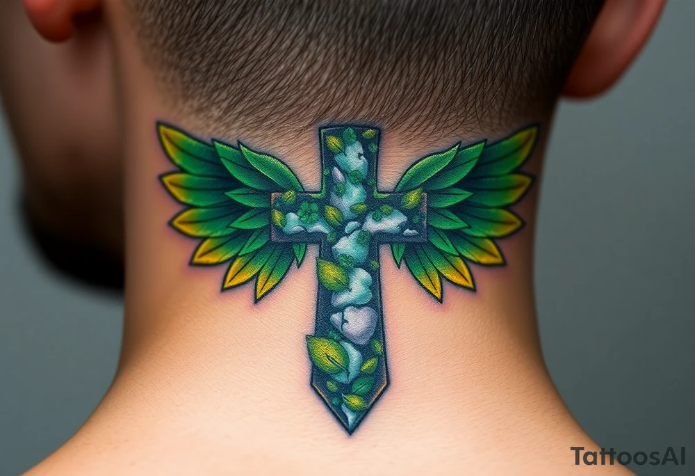A moss-covered stone cross, with soft green and gold wings resembling leaves in autumn tattoo idea