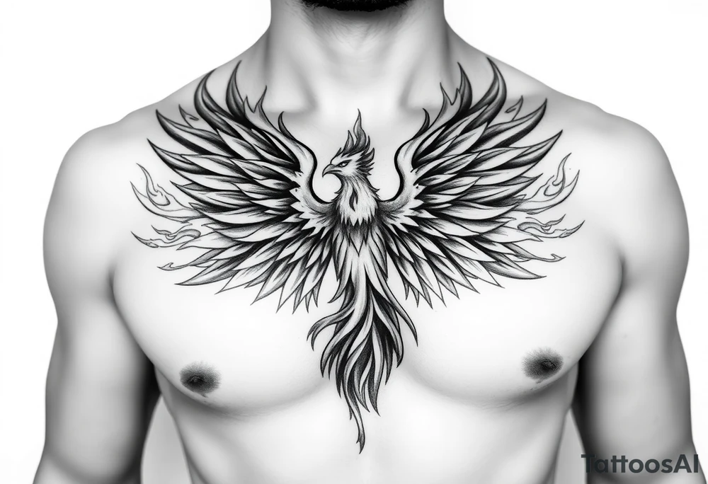 Realistic and symmetrical flaming Phoenix rebirth with spread low wings mapped onto chest
Phoenix head must be in the middle of the chest, straight and symmetrical 
Fire should be surrounding spread wings
Wings should be spread low only on chest muscle tattoo idea