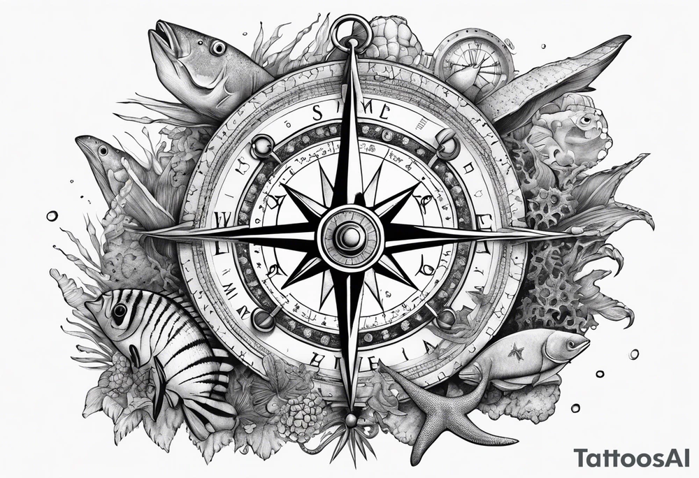 Pirate compass covered in barnacles, starfish and fish tattoo idea