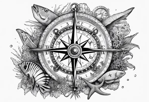 Pirate compass covered in barnacles, starfish and fish tattoo idea