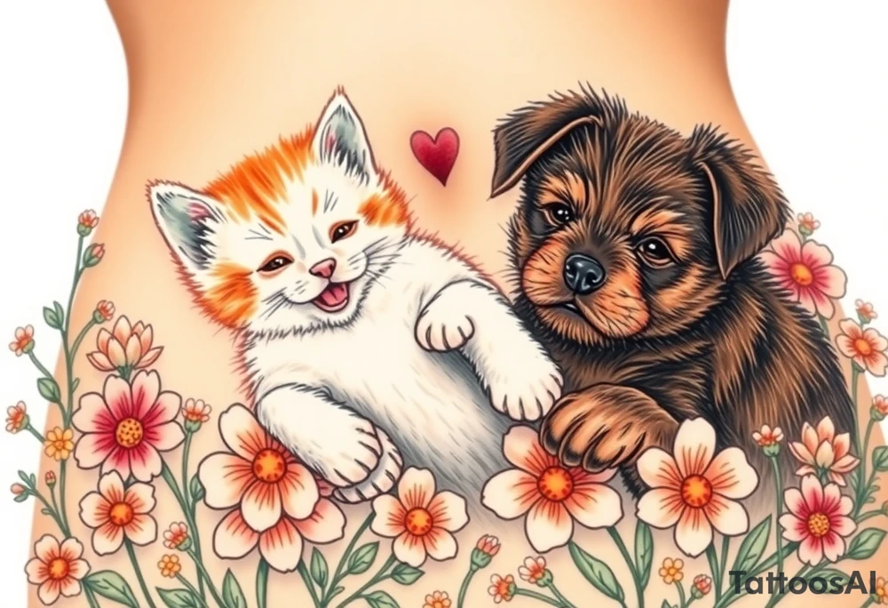 A white and orange kitten happy as can be I can even see a smile while a dark brown short hair puppy full of love and joy rolling around in a bed of flowers together tattoo idea