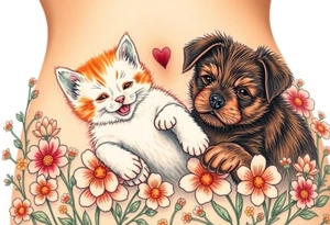 A white and orange kitten happy as can be I can even see a smile while a dark brown short hair puppy full of love and joy rolling around in a bed of flowers together tattoo idea